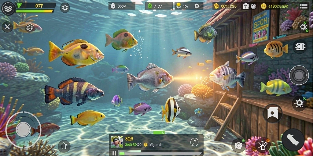 Tangkapan layar gameplay 8QR yang menampilkan aksi menembak ikan.