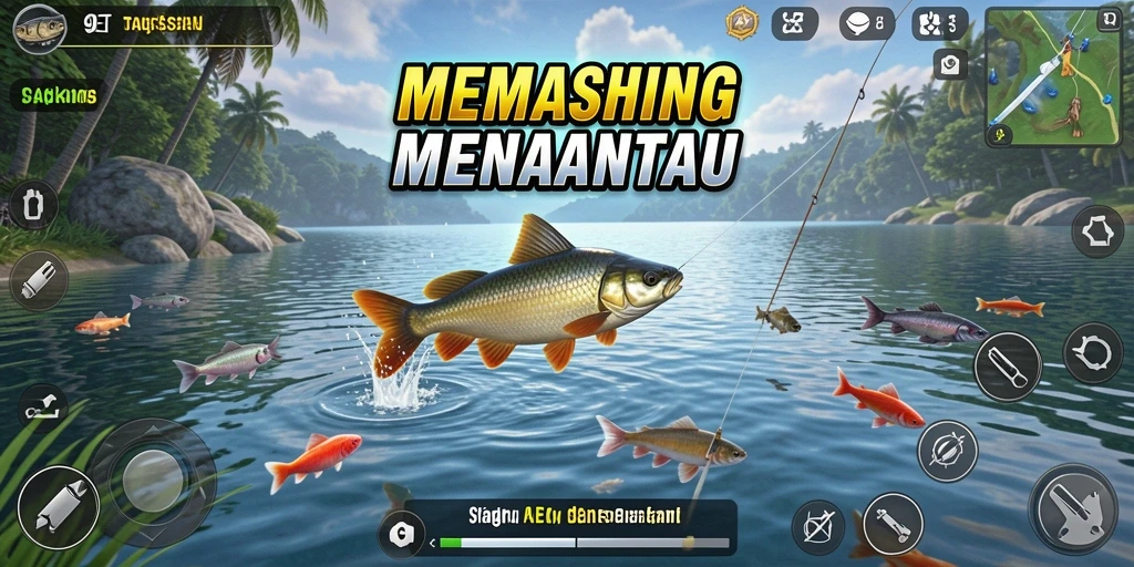 Screenshot gameplay 9ET yang menampilkan pemandangan memancing yang menakjubkan.