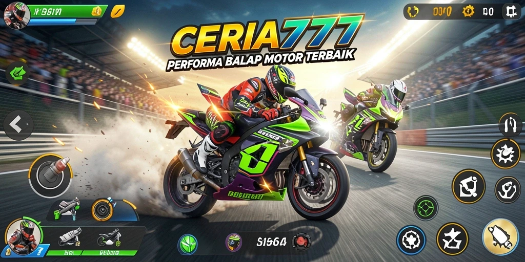 Screenshot utama CERIA777 menampilkan aksi balap motor yang mendebarkan.