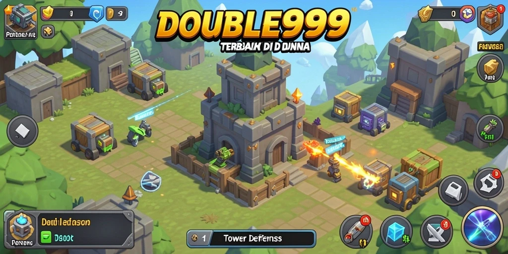 Gameplay thrilling yang menampilkan pertahanan menara di DOUBLE999.