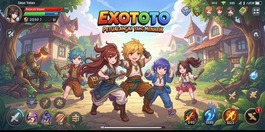 Tampilan gameplay EXOTOTO yang penuh aksi dan karakter animasi.