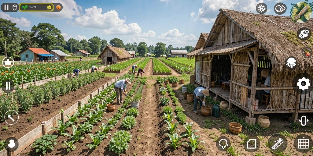 Screenshot utama JIN33 menampilkan gameplay seru dengan aktivitas berkebun.