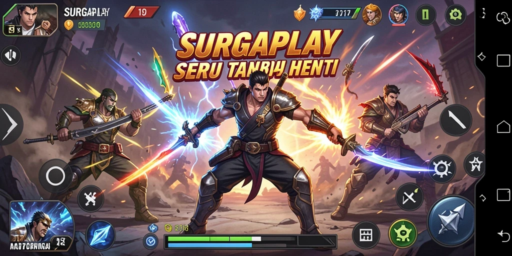 Gameplay SURGAPLAY yang intens dengan karakter bertarung di arena.