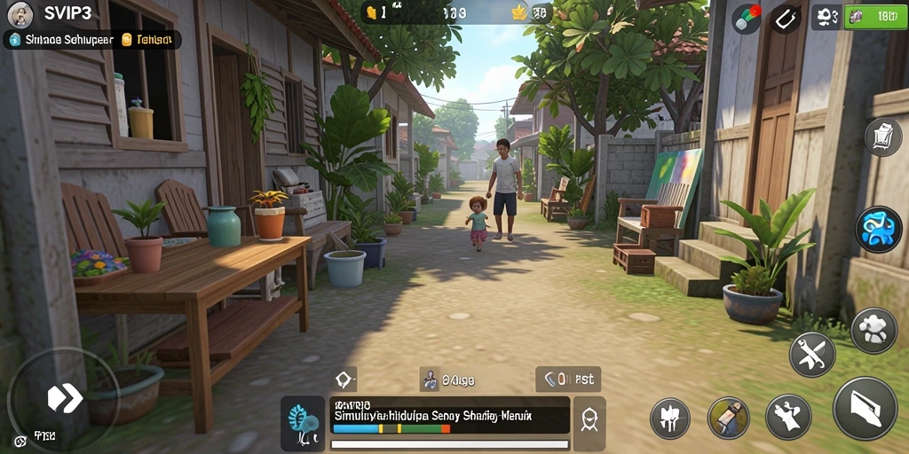 Screenshot gameplay SVIP3 menunjukkan interaksi sosial dan aktivitas sehari-hari yang menarik.